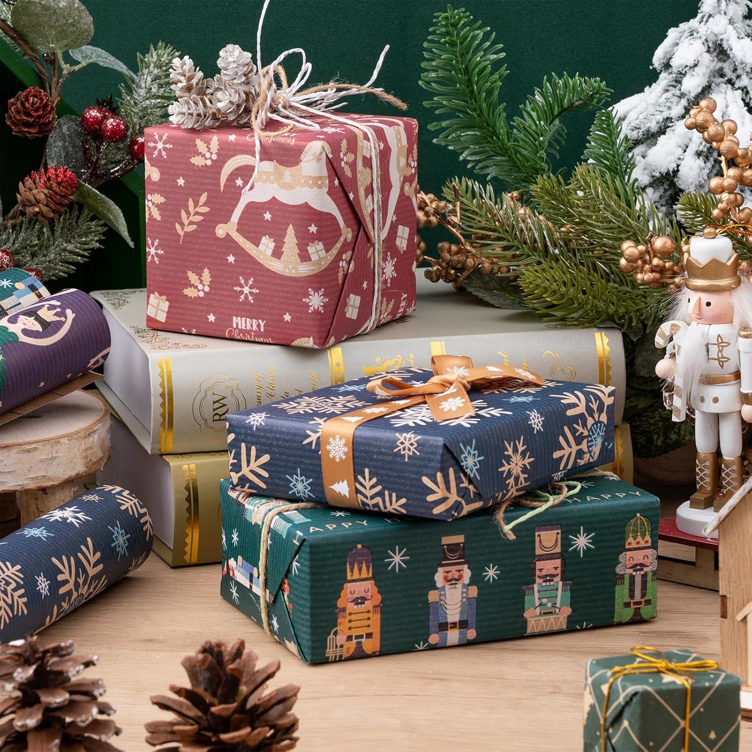 4er Set Weihnachts-Geschenkpapierrolle Kraftpapier 43,2cm x 3m