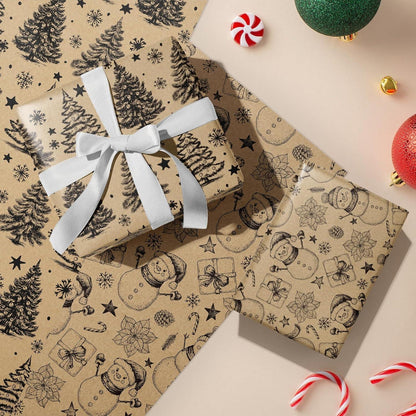 Weihnachts-Geschenkpapierrolle Schwarzer Baum Schneemann Tannenzapfen 43,2cm x 3m - 3 Rollen