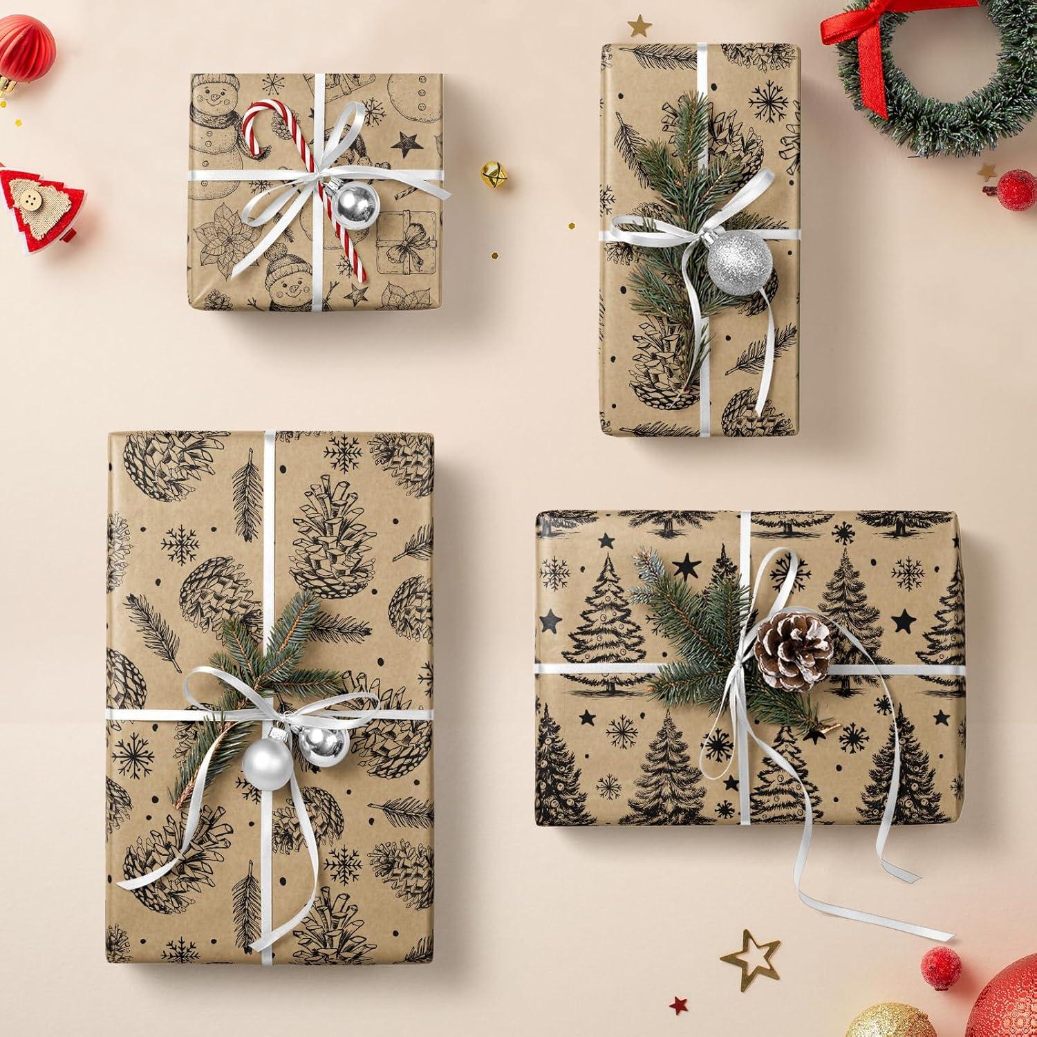 Weihnachts-Geschenkpapierrolle Kraftpapier Schwarz Baum 43,2x3m 3 Rollen