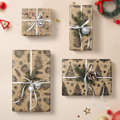 Weihnachts-Geschenkpapierrolle Kraftpapier Schwarz Baum 43,2x3m 3 Rollen