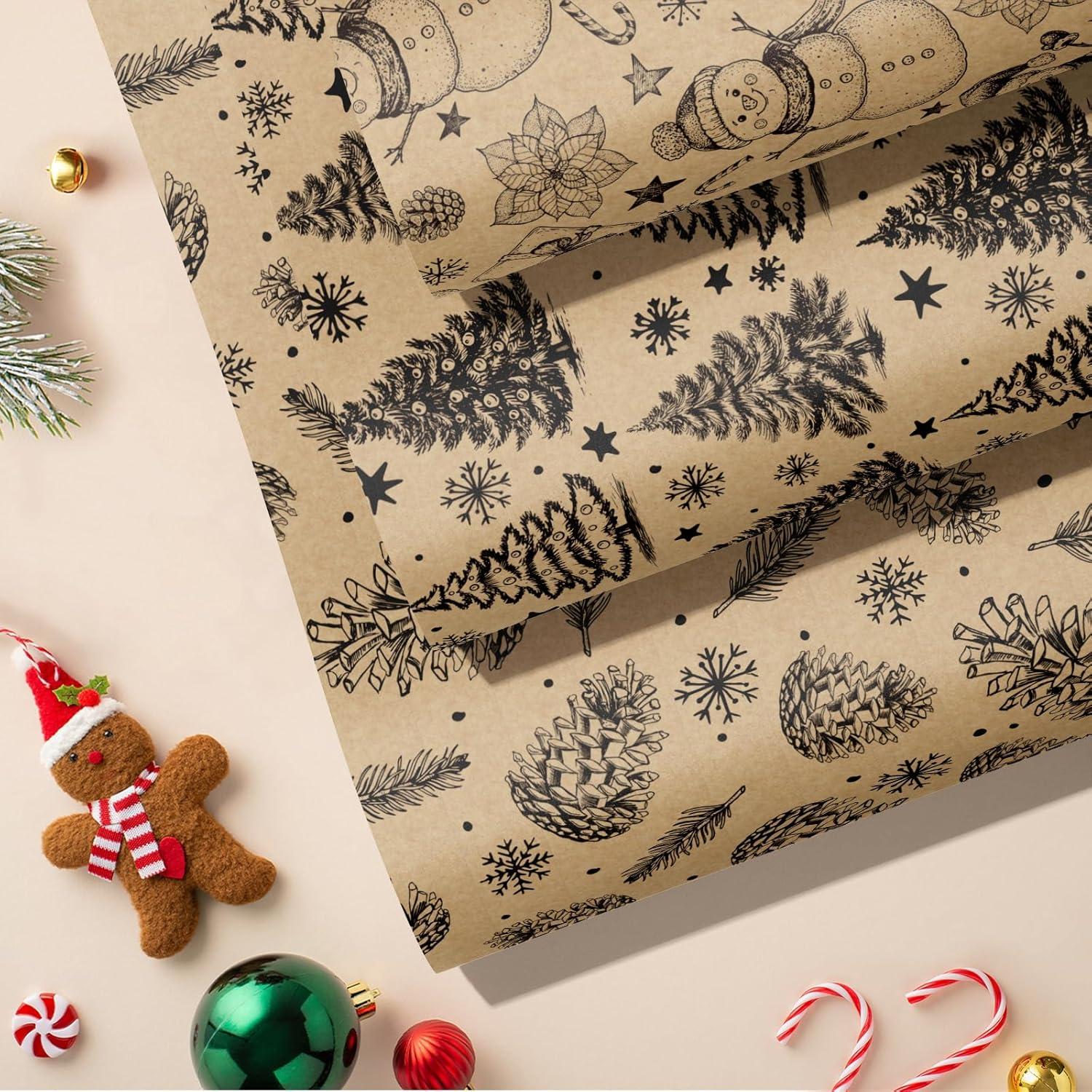 Weihnachts-Geschenkpapierrolle Kraftpapier Schwarz Baum Schneemann