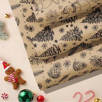 Weihnachts-Geschenkpapierrolle Kraftpapier Schwarz Baum Schneemann
