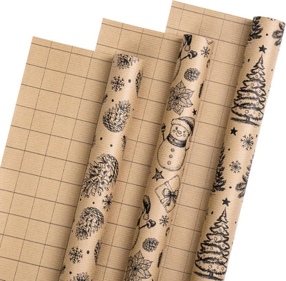 Weihnachts-Geschenkpapierrolle Schwarzer Baum Schneemann Tannenzapfen 43,2cm x 3m - 3 Rollen