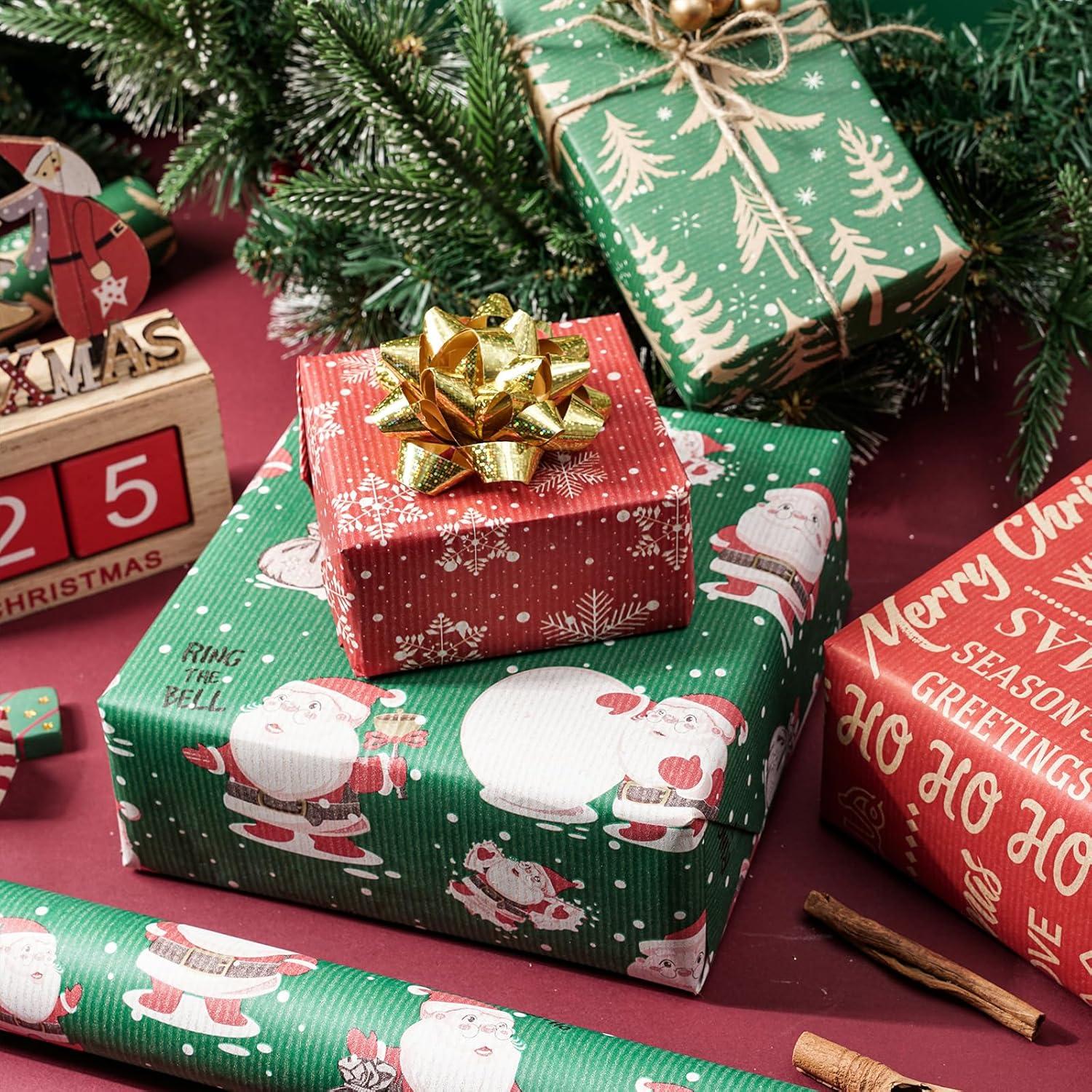 Weihnachts-Geschenkpapier 4 Rollen Kraftpapier Weihnachtsdesign 76cm x