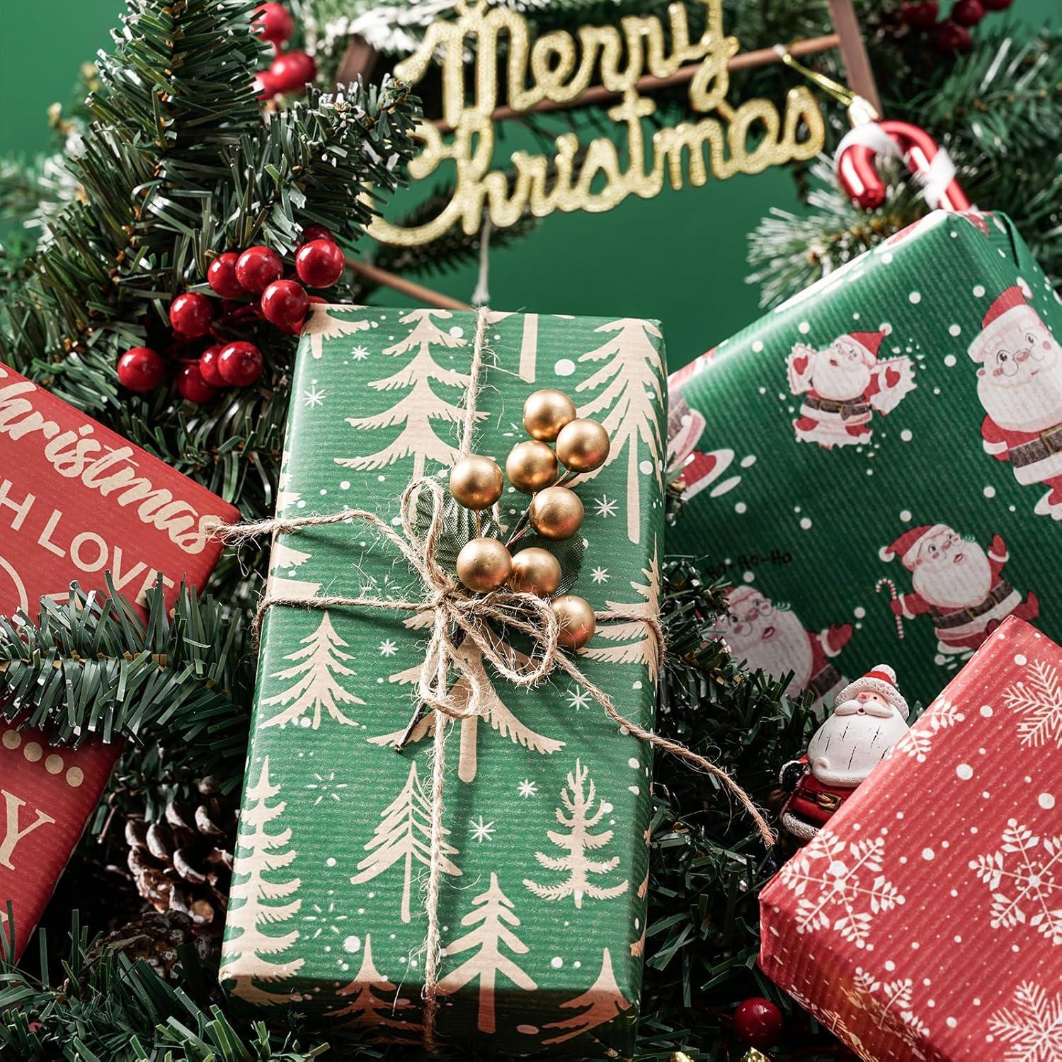 Kraftpapier Weihnachtsgeschenkpapier 4 Rollen 76 cm x 3 m - Weihnachtsmotive