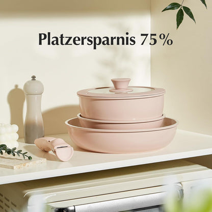 Redchef Keramik Topf- und Pfannenset, abnehmbare Griffe, PTFE/PFAS/PFOA-frei, spülmaschinenfest, 5-teilig, rosa