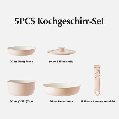 Redchef Keramik Topf- und Pfannenset, abnehmbare Griffe, PTFE/PFAS/PFOA-frei, spülmaschinenfest, 5-teilig, rosa