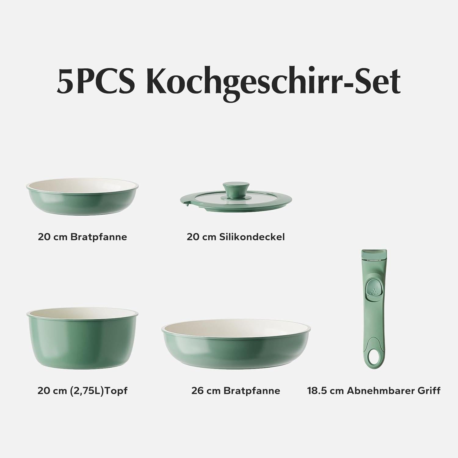 Redchef Keramik Pfannenset 5-teilig Grün - Abnehmbarer Griff - Platzsparend - Spülmaschinenfest - Camping Kochgeschirr