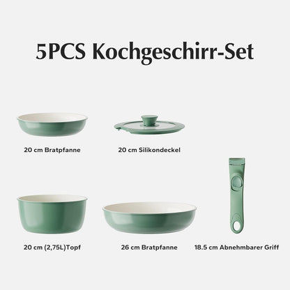 Redchef Keramik Pfannenset 5-teilig Grün - Abnehmbarer Griff - Platzsparend - Spülmaschinenfest - Camping Kochgeschirr