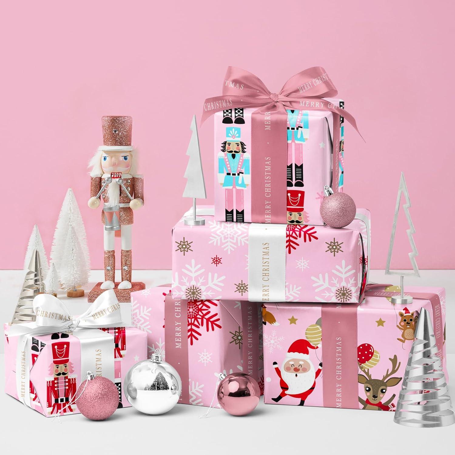 Weihnachts-Geschenkpapierrolle 3er Set 43,2x3m - Rosa Nussknacker Schneeflocke Weihnachtsmann Elch