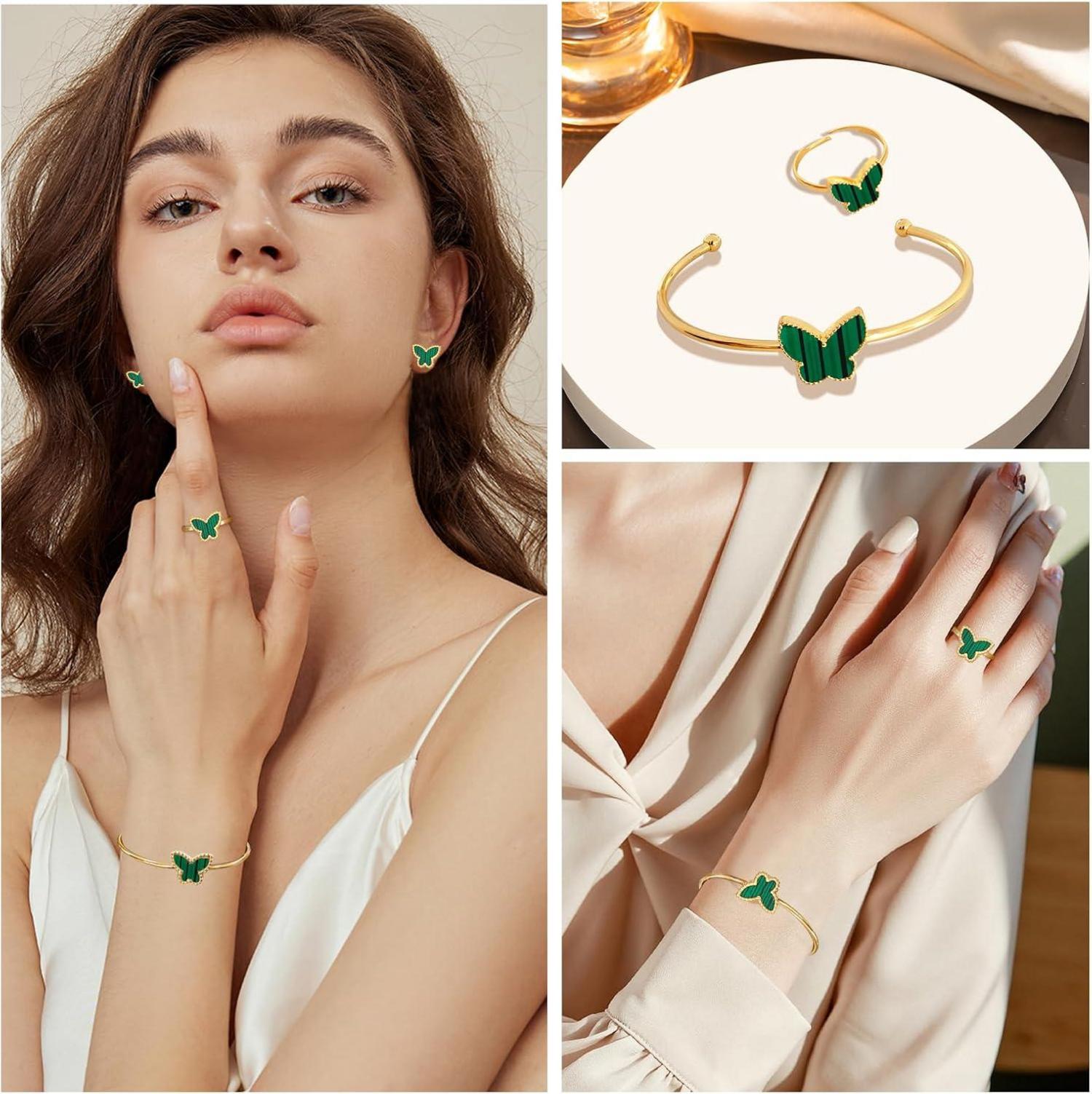Schmetterling Schmuck Set Damen Halskette Ohrringe Armband Ring Grün