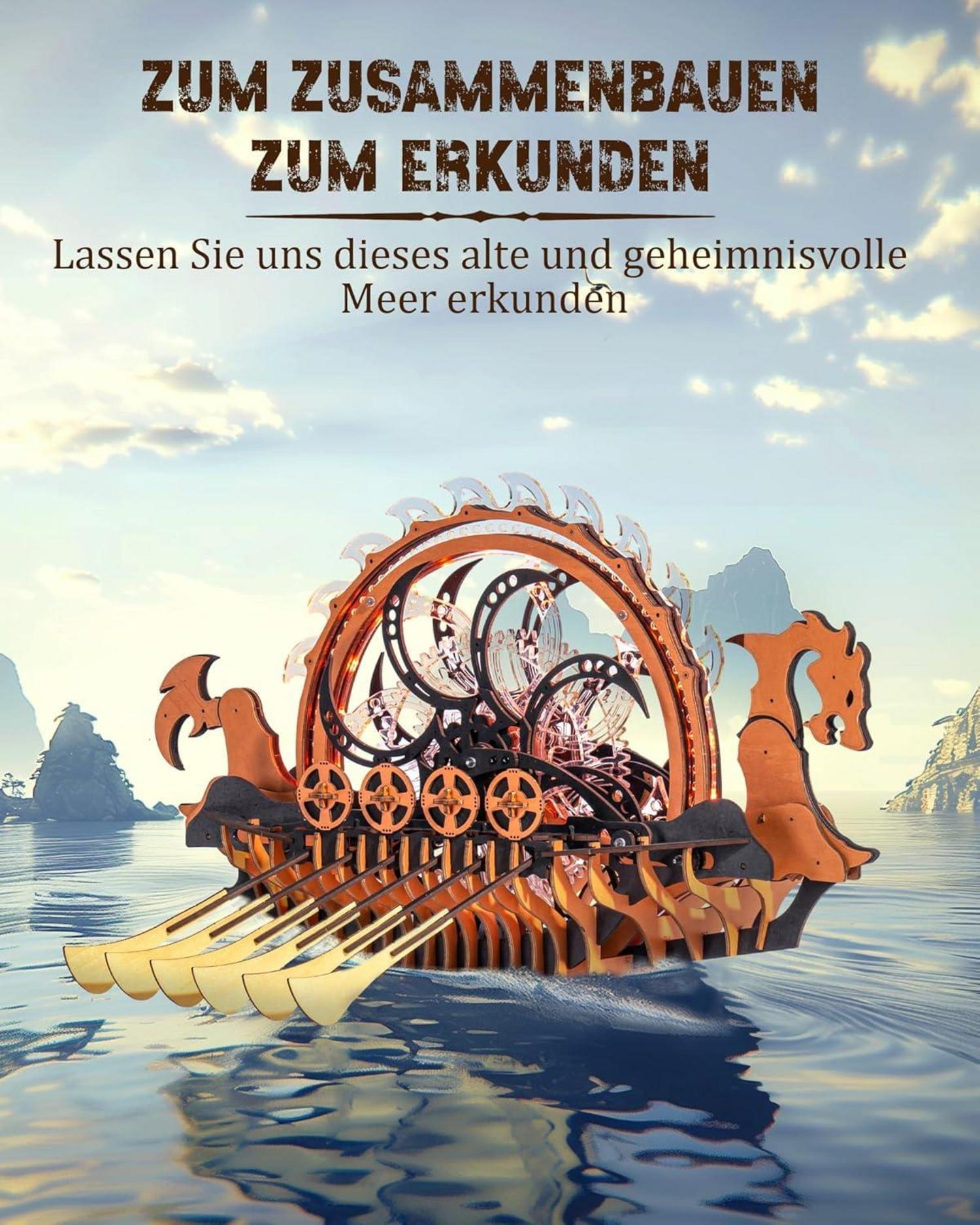 ROKR 3D Puzzle Holz Modellboot Drachenboot LED Viking Schiff 229 Teile