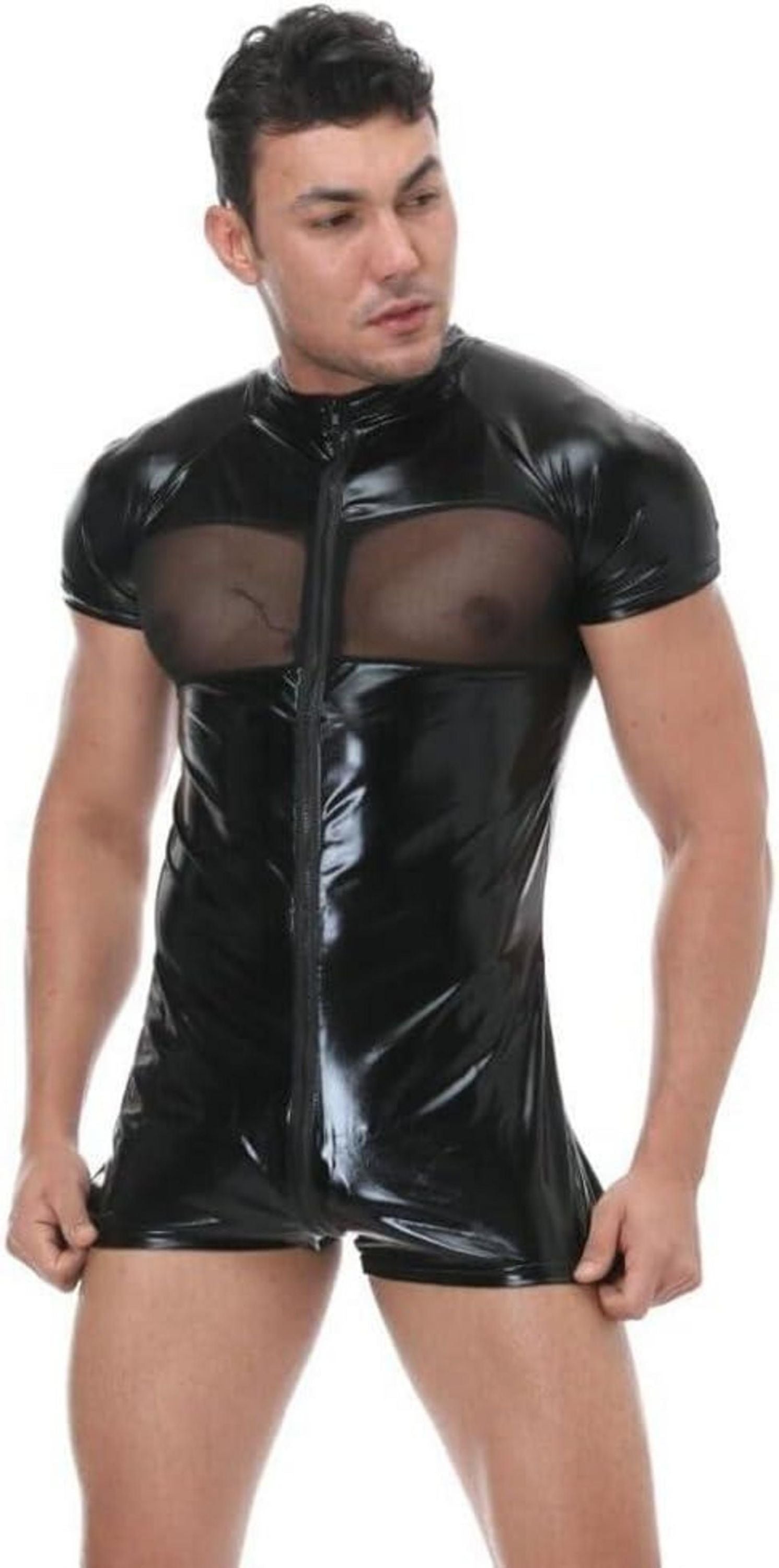 Wetlook Leder Bodysuit Herren Stretch Slim Fit Overall Catsuit