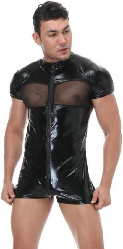 Wetlook Leder Bodysuit Herren Stretch Slim Fit Overall Catsuit