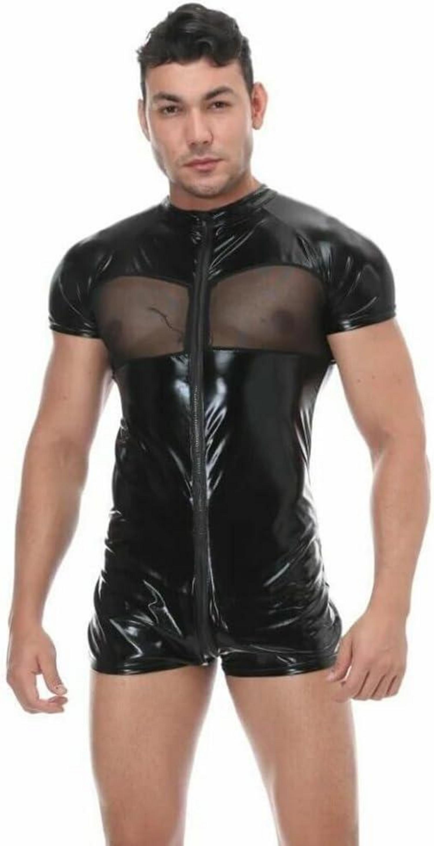 Herren Sexy Wetlook Leder Body Catsuit Stretch Slim Fit XXL