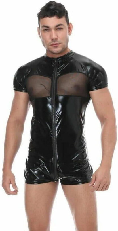 Herren Sexy Wetlook Leder Body Catsuit Stretch Slim Fit XXL