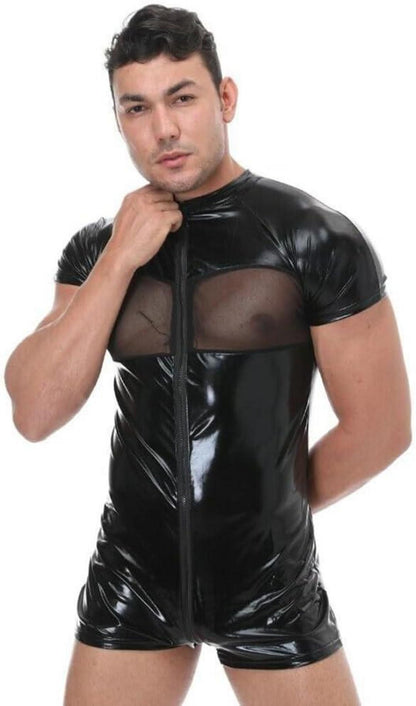 Herren Sexy Wetlook Leder Body Catsuit Stretch Slim Fit XXL