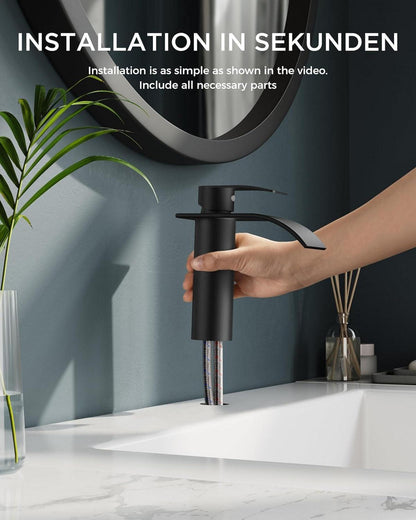 Moderne Wasserfall-Badezimmerarmatur Einlochmontage 110 mm Schwarz