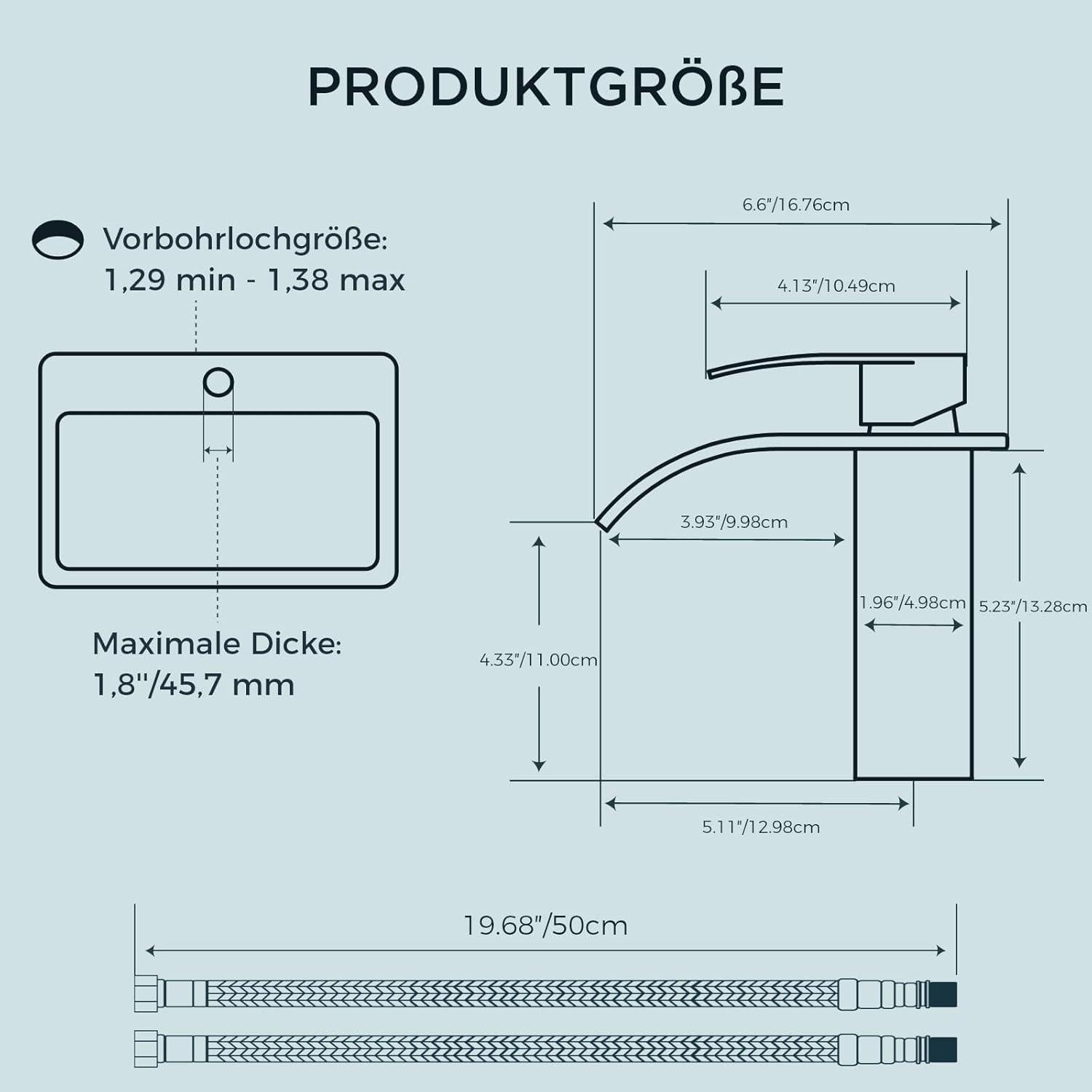 Wasserfall Badezimmerarmatur Einhand 110mm Edelstahl für 1-Loch
