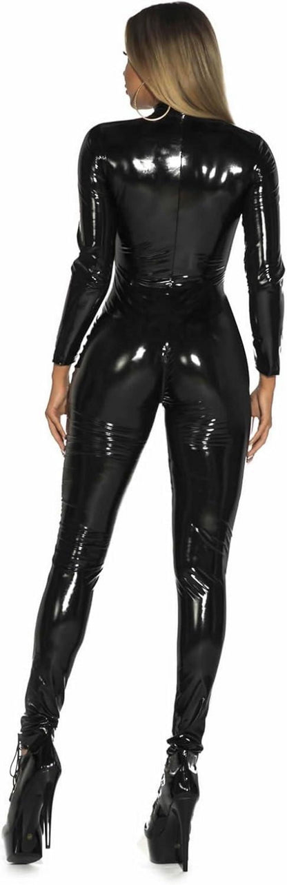 Damen Wetlook Catsuit Schwarz PU Leder Reißverschluss Overall