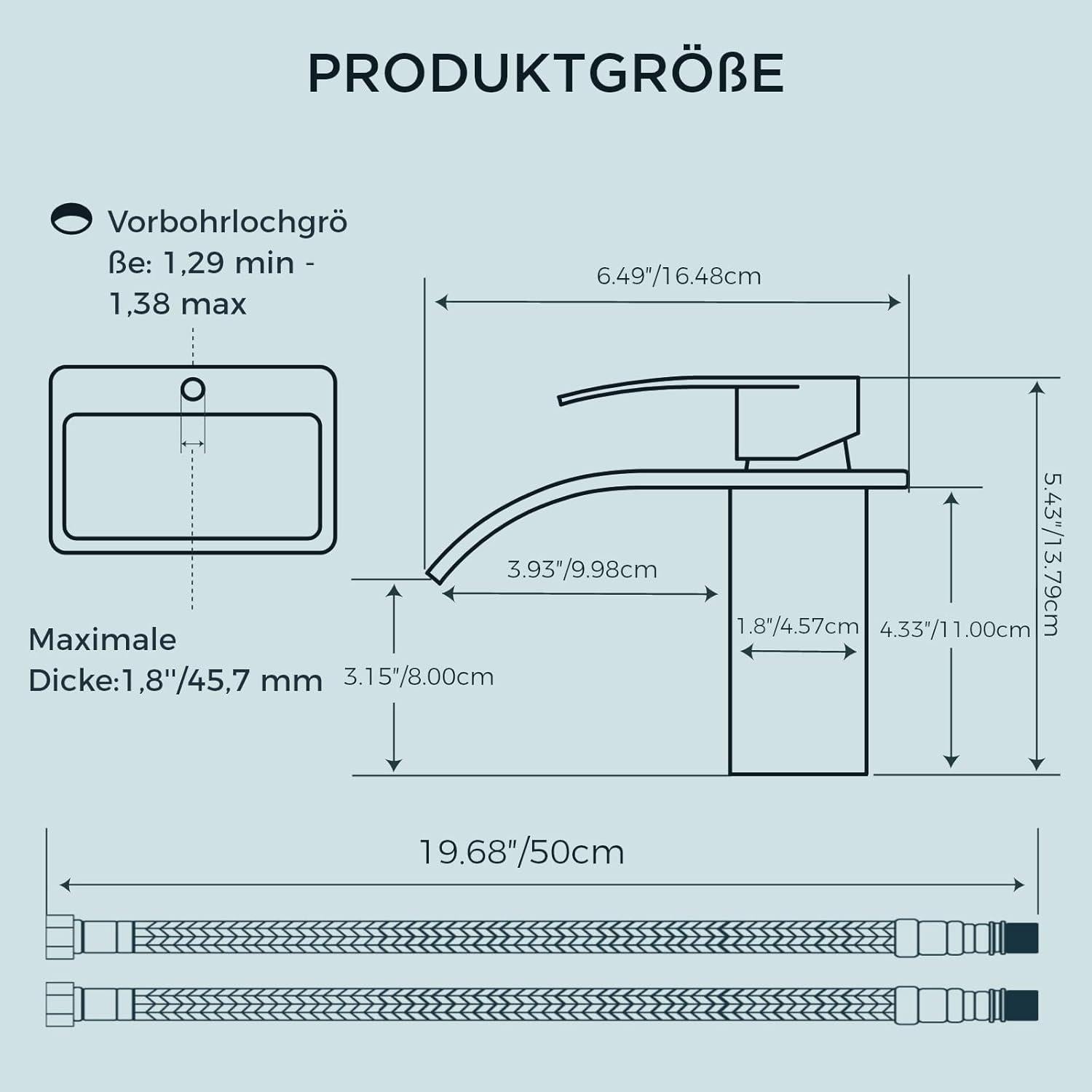 FORIOUS Wasserhahn Bad Edelstahl Wasserfall Einhebel-Mischbatterie 80MM
