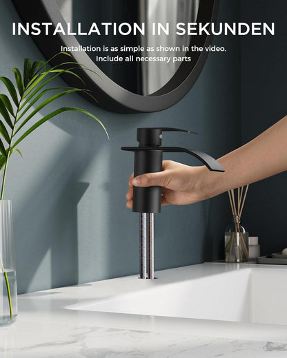 FORIOUS Wasserhahn Bad Edelstahl Wasserfall Waschbeckenarmatur mit Auslaufhöhe 80MM Schwarz