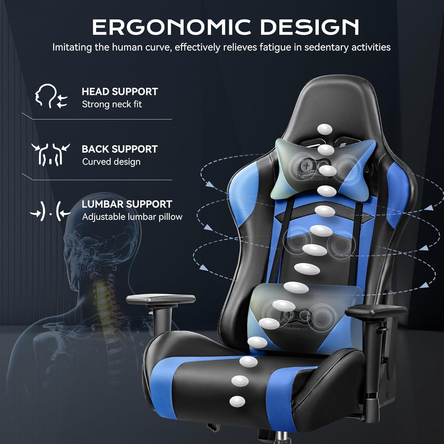 Ergonomischer Gaming Stuhl mit Kopfstütze und Lendenwirbelstütze