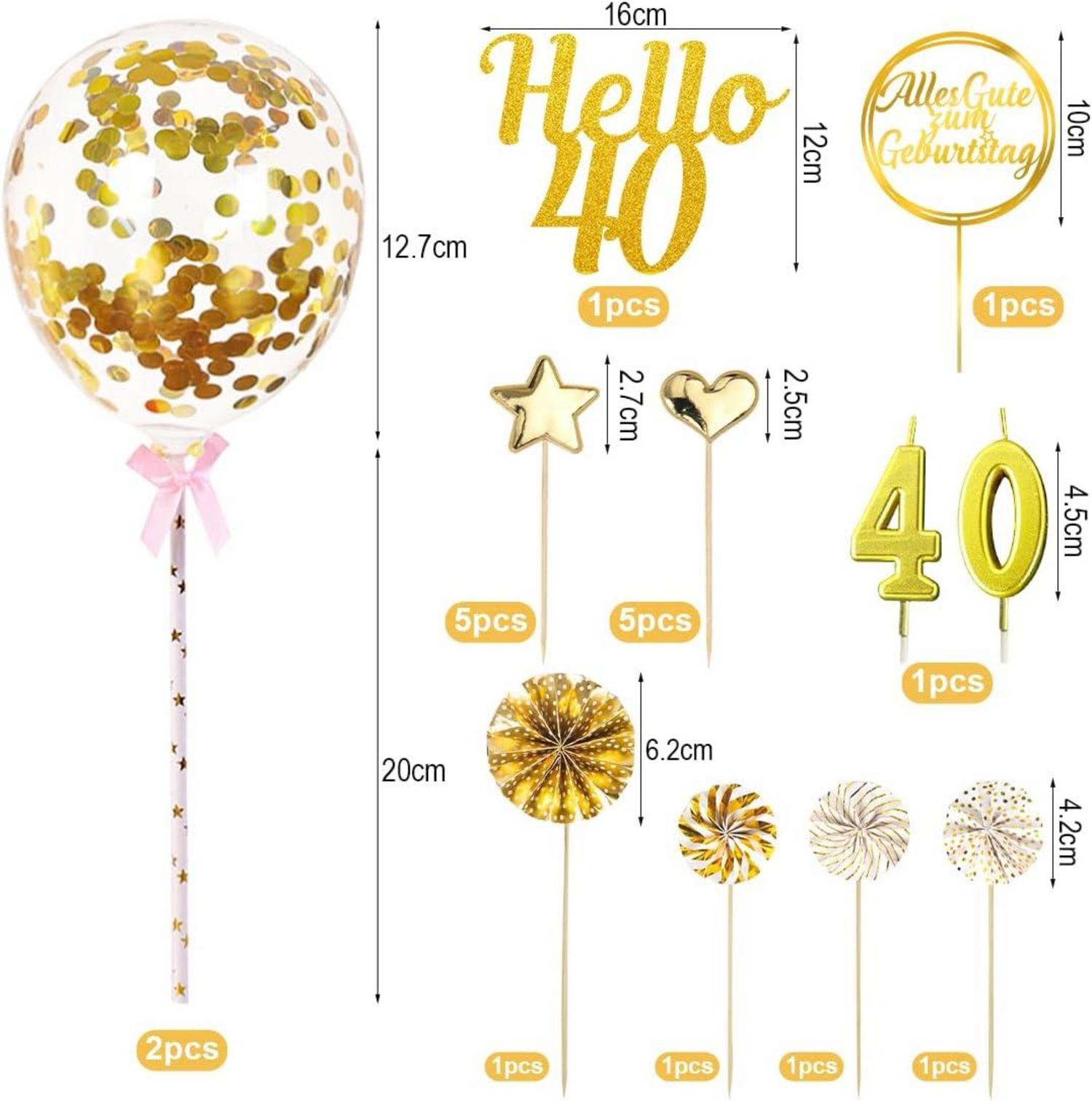 20 PCS Glitzer 40 Geburtstag Cake Topper Set Gold Acryl