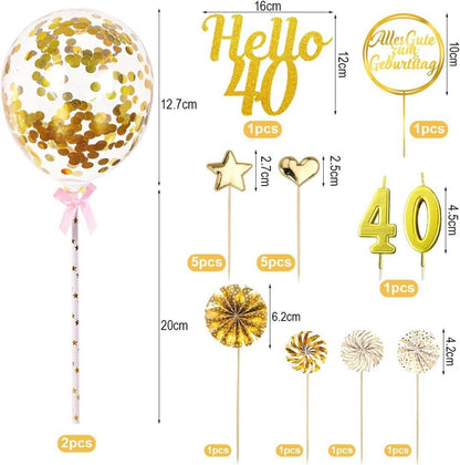 20 PCS Glitzer 40 Geburtstag Cake Topper Set Gold Acryl