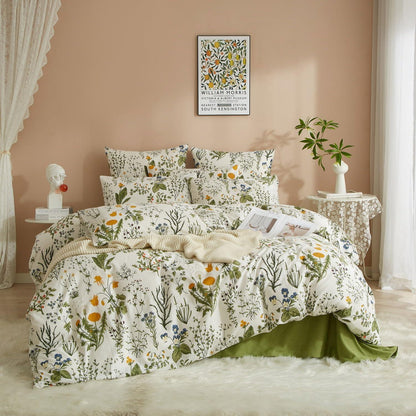 4TLG Bettwäsche-Set 135x200 cm, Grün-Weiß Blumenmuster