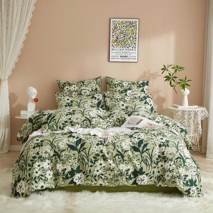 Bettwäsche-Set 135x200 cm, Baumwolle, Grün-Weiß Blumenmuster