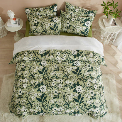 Bettwäsche-Set 135x200 cm, Baumwolle, Grün-Weiß Blumenmuster