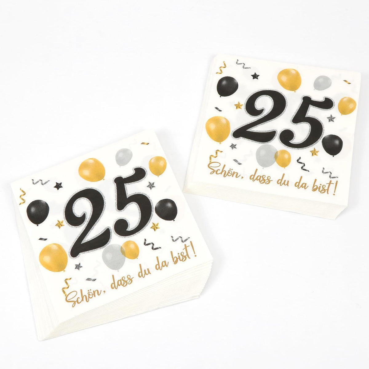 Servietten 25. Geburtstag Schwarz Gold, 30 Stück 3-lagig