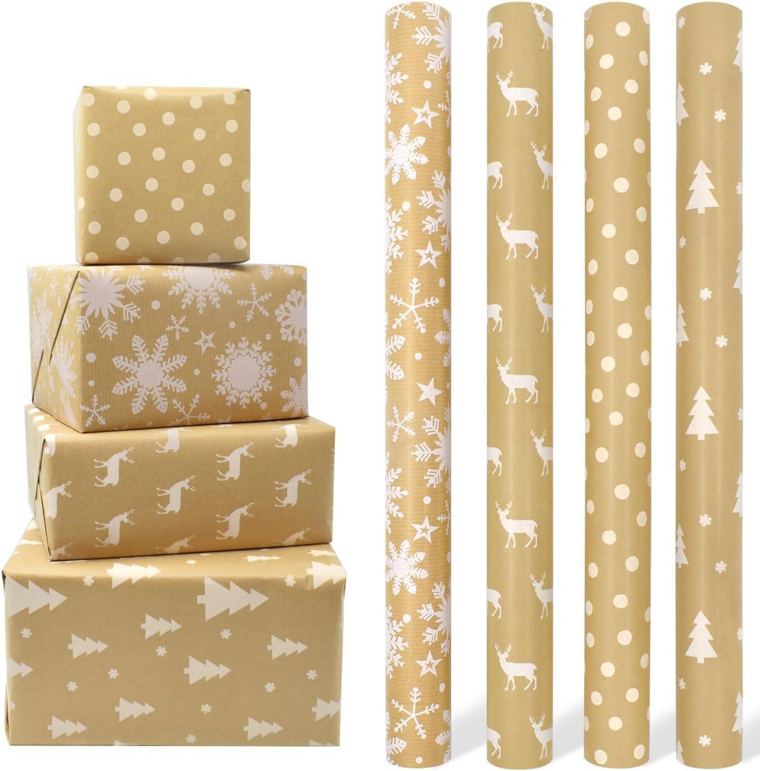 4 Rollen recyceltes Weihnachtsgeschenkpapier 43cm x 3m festliche
