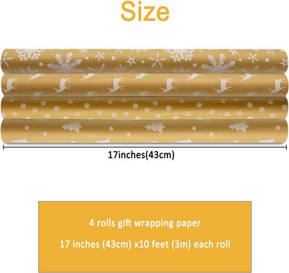 4 Rollen recyceltes Weihnachtsgeschenkpapier 43cm x 3m festliche