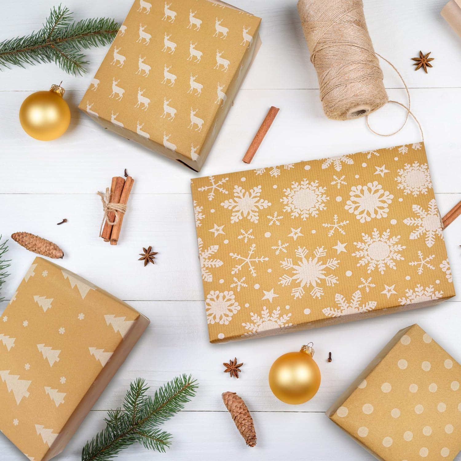 Recyceltes Weihnachtsgeschenkpapier aus Kraftpapier, 43 cm x 3 m, 4 Rollen