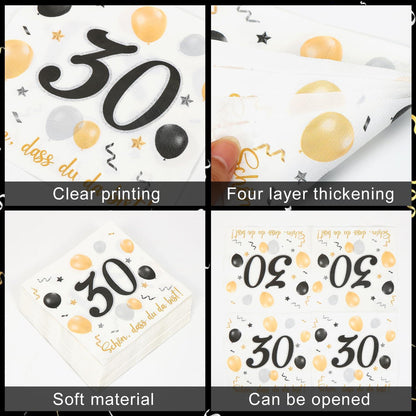 Servietten 30. Geburtstag Schwarz-Gold 30 Stück 3-lagig 33x33cm