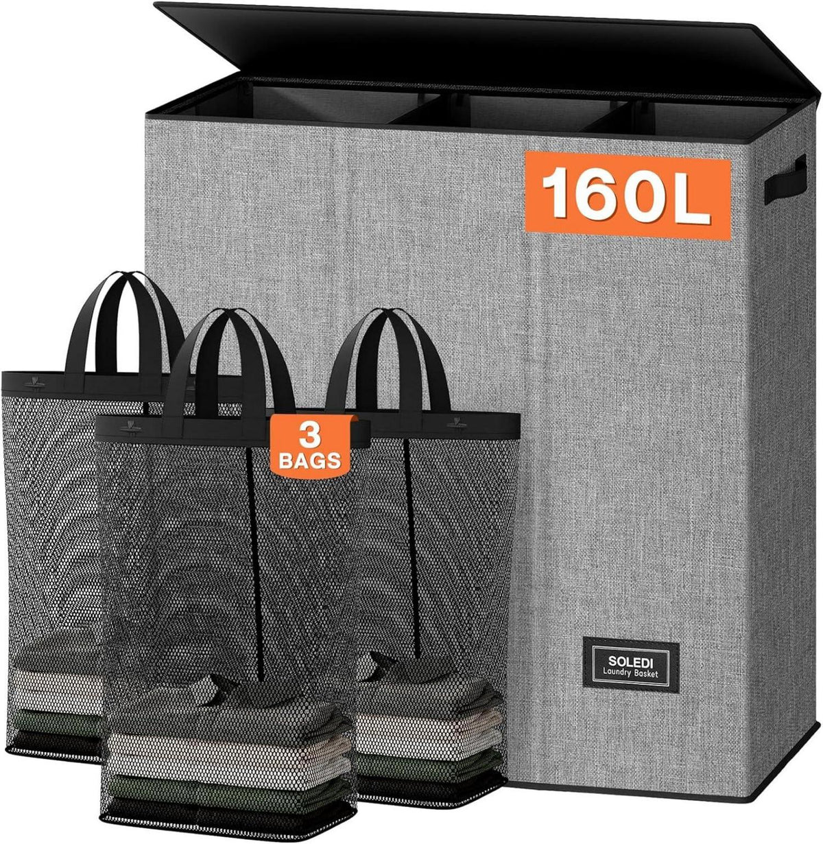 Wäschekorb Wäschesammler 3 Fächer mit Deckel und Wäschesack XXXL