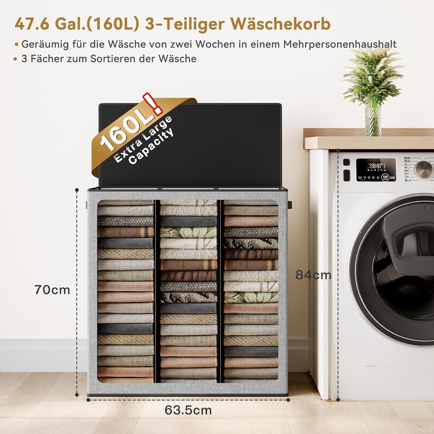 Wäschekorb 160L mit Deckel und 3 Fächern - XXXL Wäschesack