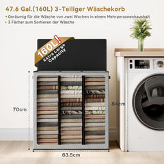 Wäschekorb 160L mit Deckel und 3 Fächern - XXXL Wäschesack