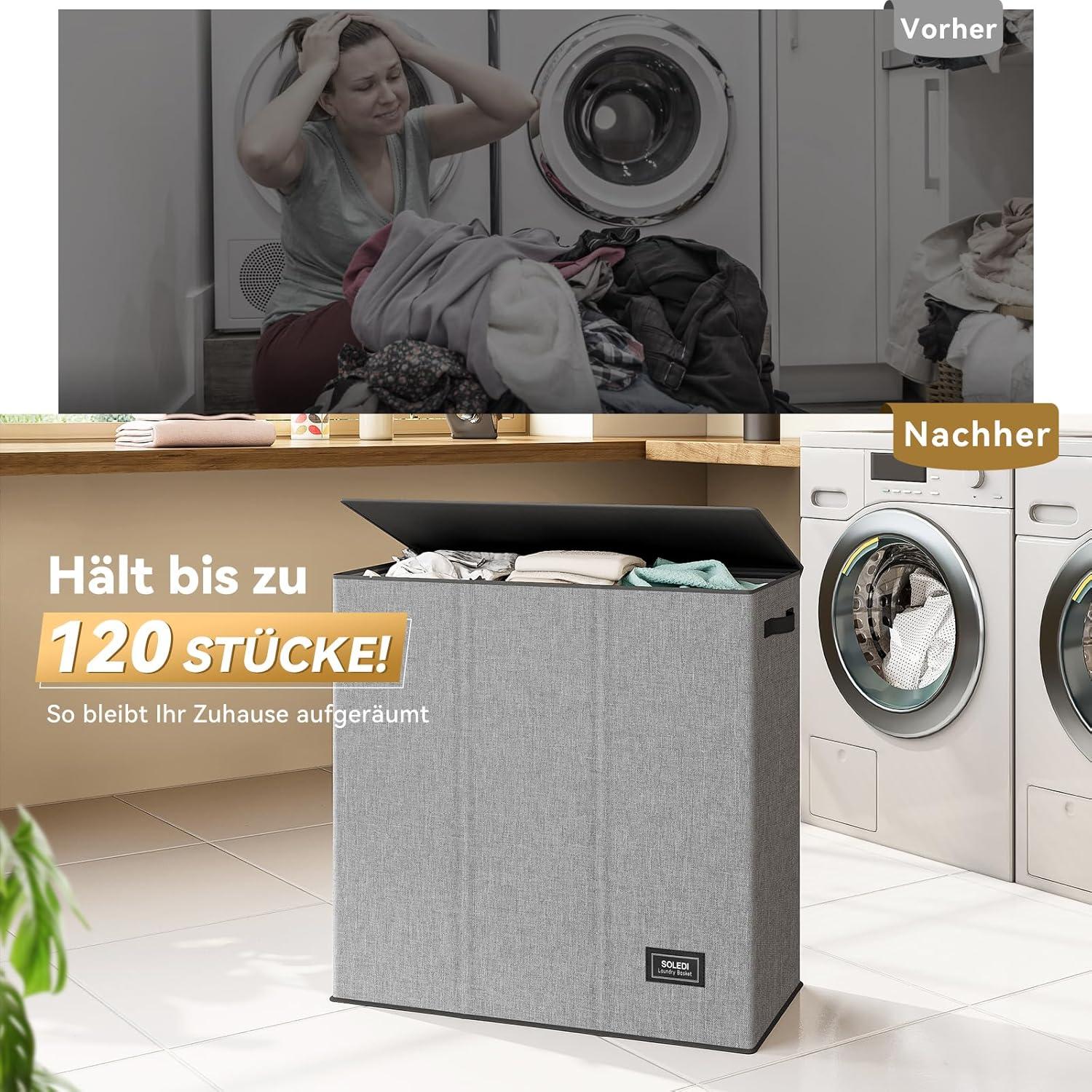 XXL Wäschekorb mit Deckel & Wäschesack 160L, 3 Fächer - Grau