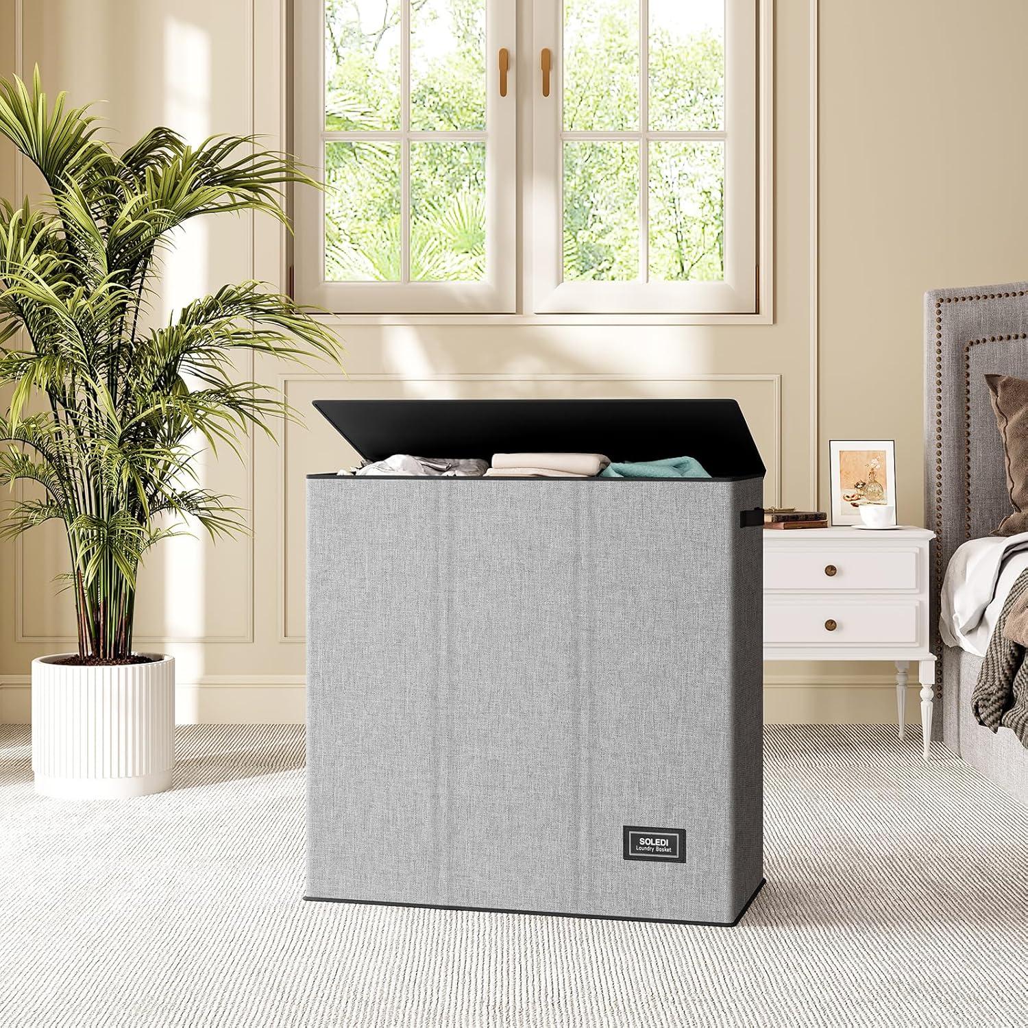 SOLEDI 160L Wäschekorb mit Deckel und 3 Wäschesack Grau 160L