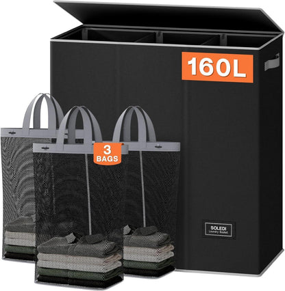 Wäschekorb 160L mit 3 Fächern, Deckel und Wäschesack - Schwarz