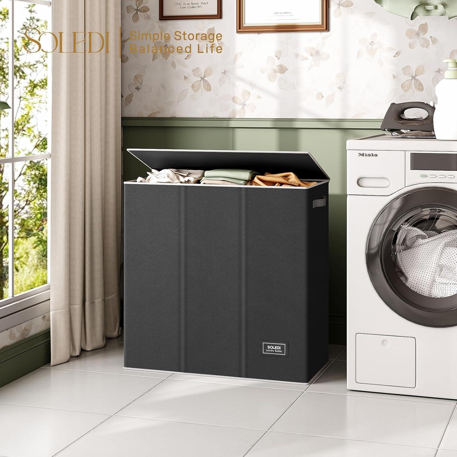 Wäschekorb 160L mit 3 Fächern, Deckel und Wäschesack - Schwarz