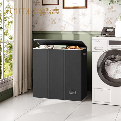 Wäschekorb 160L mit 3 Fächern, Deckel und Wäschesack - Schwarz
