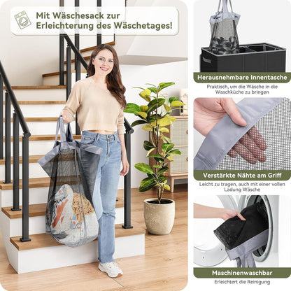 Wäschekorb 160L mit 3 Fächern, Deckel und Netzbeutel - Schwarz