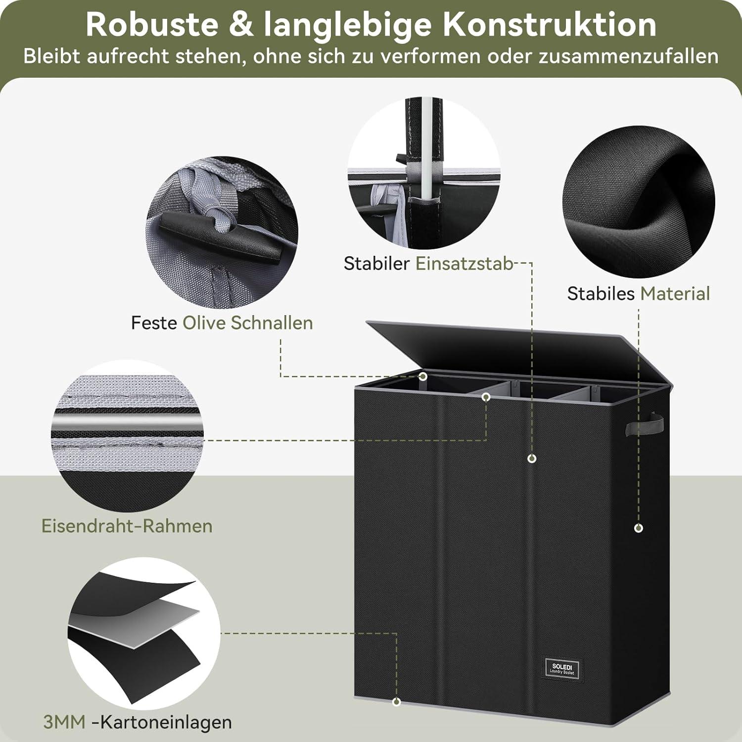 Wäschekorb 160L mit 3 Fächern & Deckel, Wäschesack - Groß XXXL