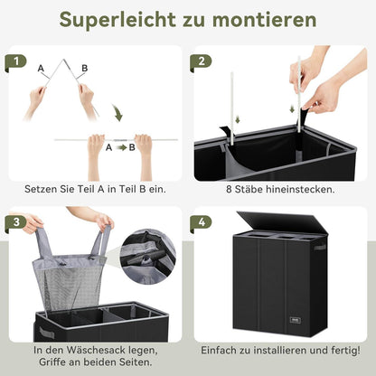 Wäschekorb 160L mit 3 Fächern & Deckel, Wäschesack - Groß XXXL