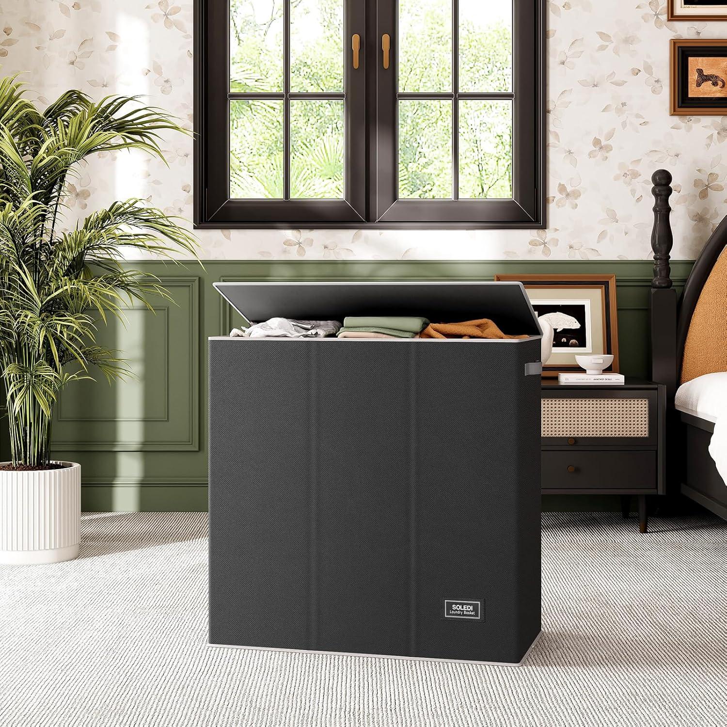 Wäschekorb 160L mit 3 Fächern, Deckel und Netzbeutel - Schwarz