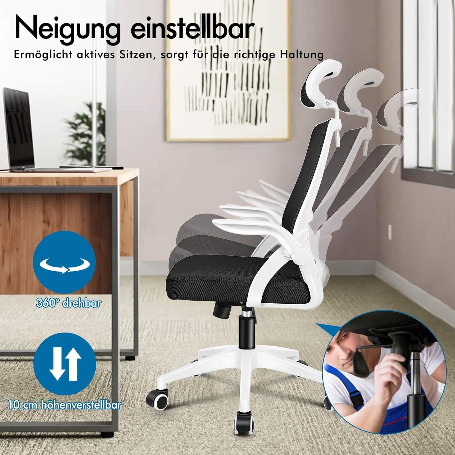 Ergonomischer Bürostuhl Lordosenstütze Neigbar Weiß Armlehne